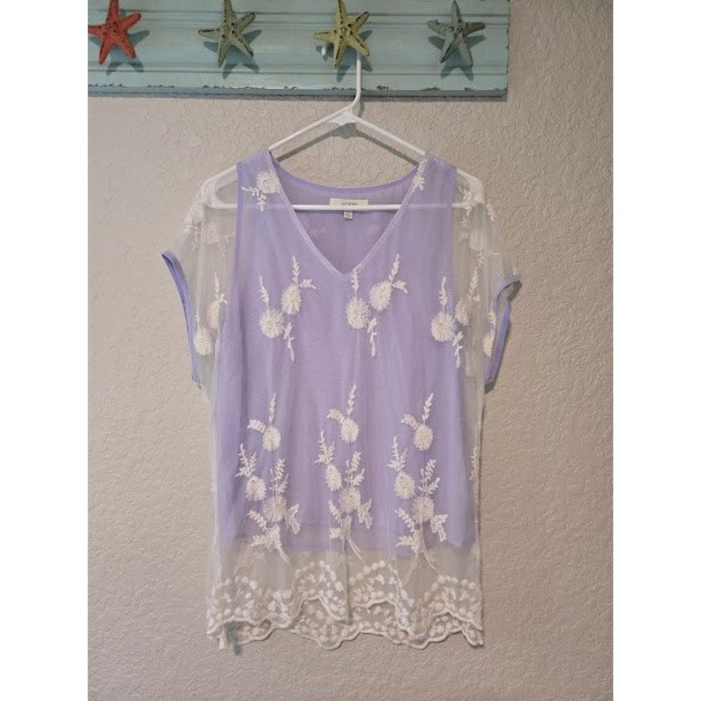 Umgee Lavender Tee with Embroidered Lace Overlay